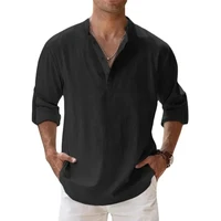 Streetwear Men Lightweight Shirts Long Sleeve Henley Cotton Linen Shirts for Men Beach Hawaiian Shirts Breathable Collar Tshirts 3