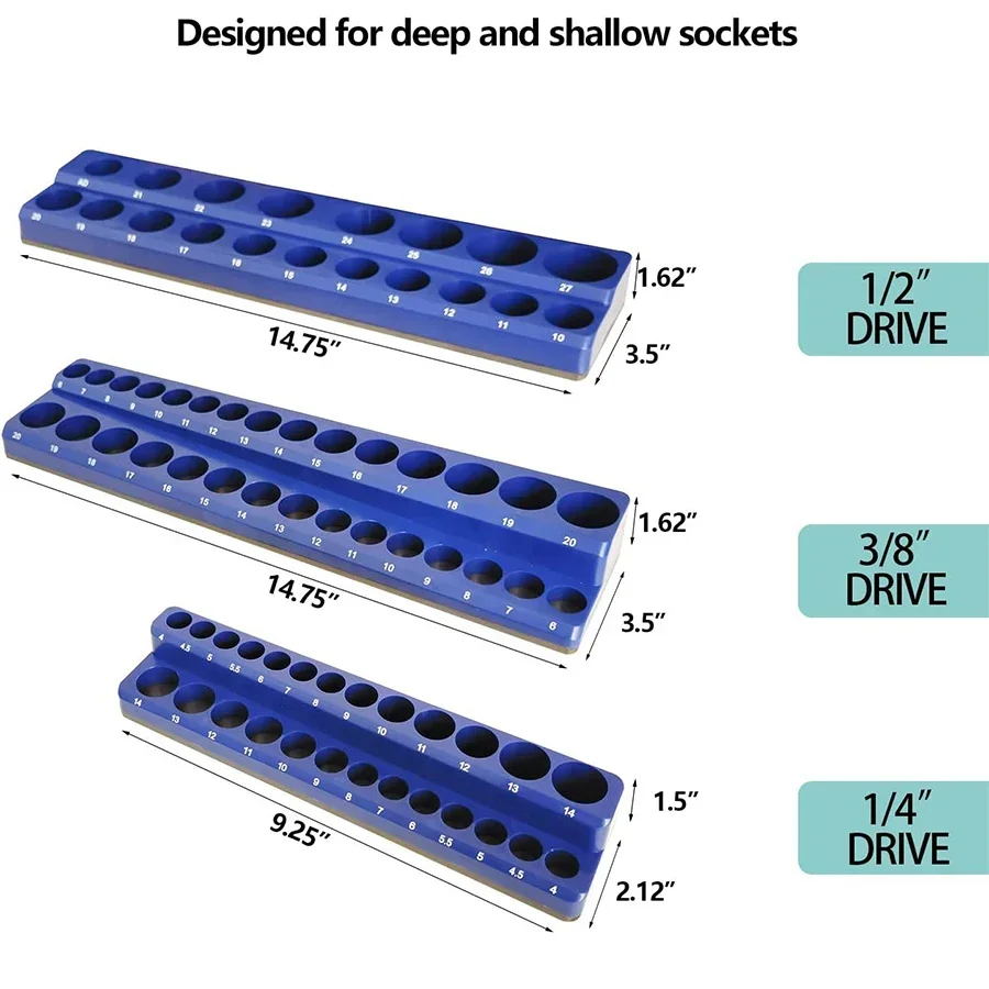 Blue Magnetic Sockets Storage Rack 1/4In 3/8In 1/2In Plastic Socket Display Holder Kit Professional Metric Tools Organizer 6