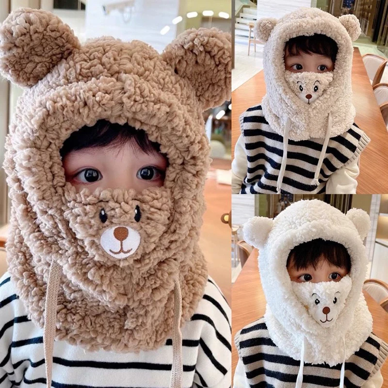 아기모자 곰돌이 모자 아기 겨울모자 유아 모자 겨울모자 가을 겨울 봉제 모자, 따뜻한 더블 플리스, 작은 곰 모자, 귀여운 어린이 만화 스카프, 후드 캡, 소년 소녀 부모-자녀 아기 모자