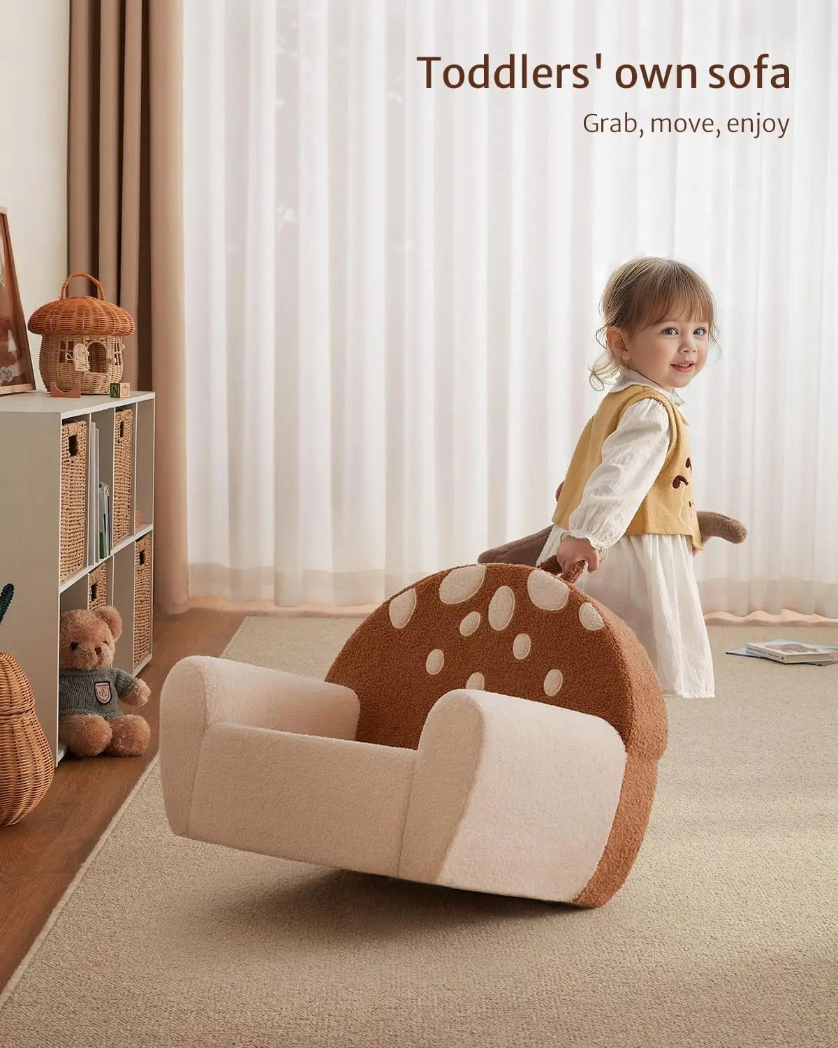 Foam Kids Chair with Soft Teddy Plush, Toddler Reading Armchair with Cute Mushroom Designs- Brown 6