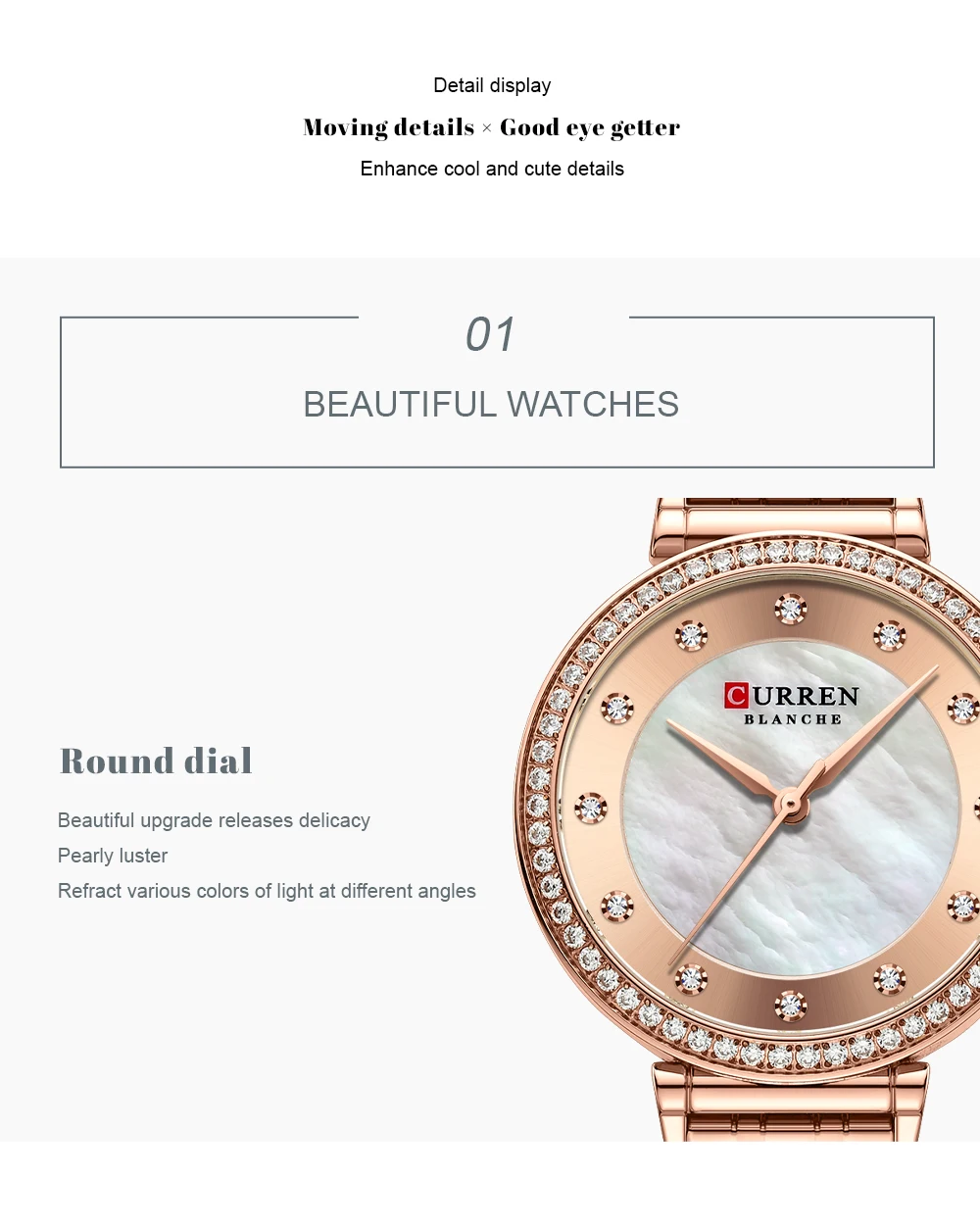 CURREN Luxury Slim Women's Watch Two Tone Stainless Steel Band Mother of Pearl Dial with Rhinestones Elegant Quartz Wristwatch