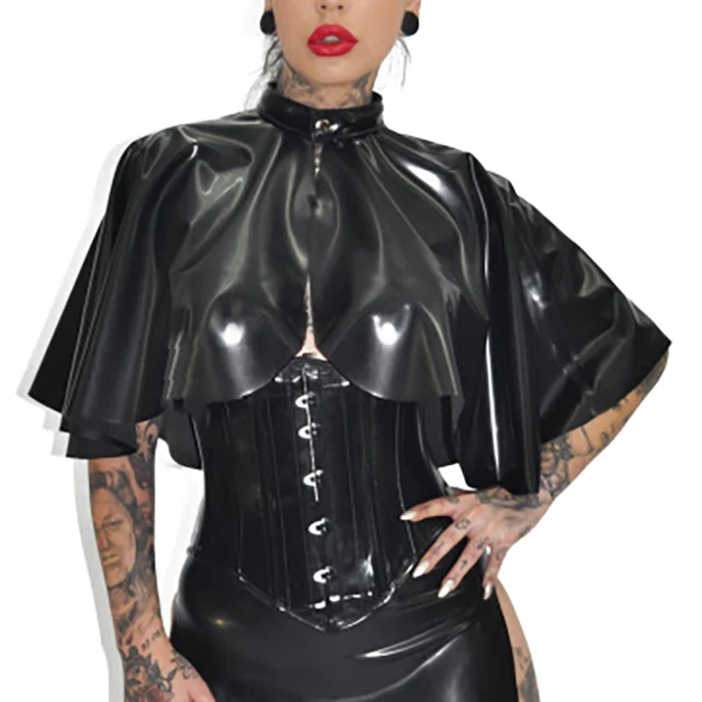 Black Sexy Latex Cape With Button At Front Mini Rubber Cloak Robe Top YF-0431