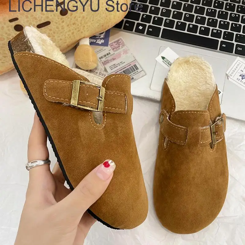 Fashion Women Winter Cork Slippers Closed Toe Artificial Fur Inside Low Heel Casual Soft Warm Fluffy Slide Shoe