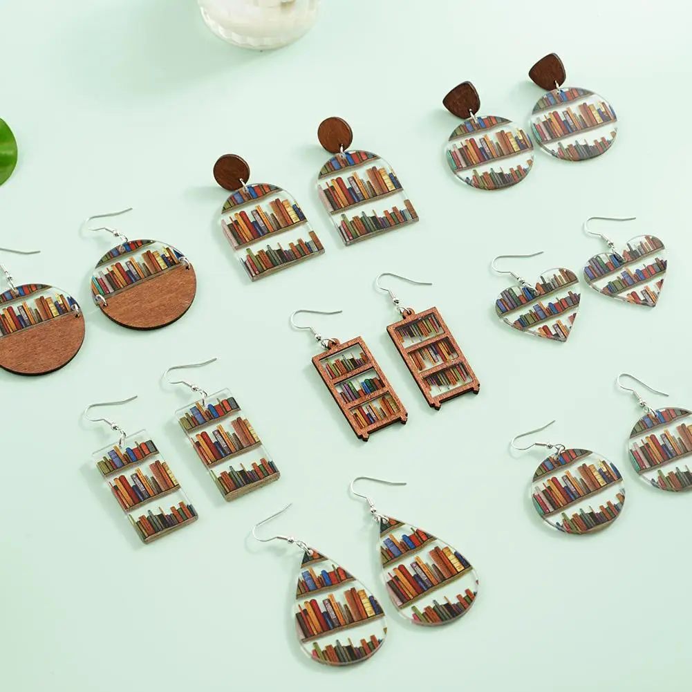 Pendientes acrílicos con estampado de estantería de biblioteca para mujer, Pendientes colgantes de madera en forma de lágrima redonda geométrica