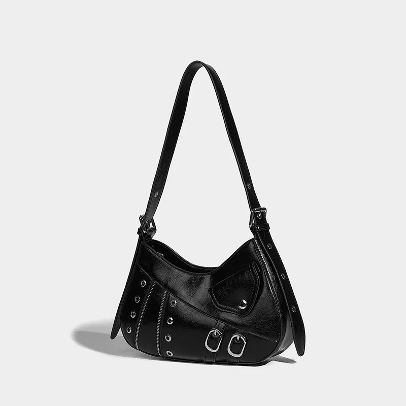 

A Niche Retro Spicy Girl's Underarm Bag for Women in 2024. New Punk Oil Wax Motorcycle Bag with A High-end Feel. Cross Bag Trend