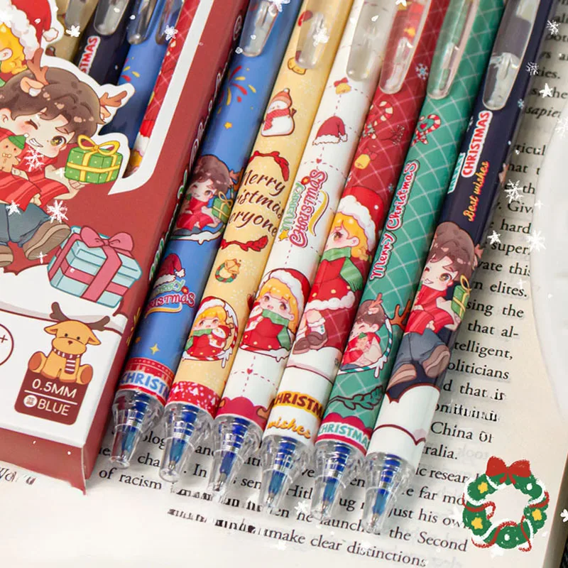 28pcs/set Blue Erasable Christmas Gel Pen, Cute Anime Pattern, Christmas Holiday Gift, School Supplies Fine Tip 0.5mm Pen Core