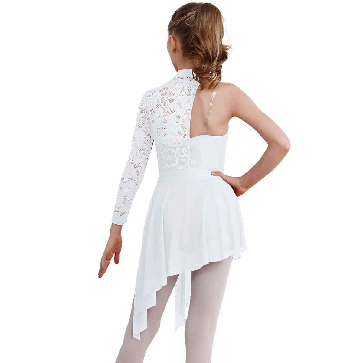Girls' One Shoulder Lace Dance Dress with Asymmetric Split