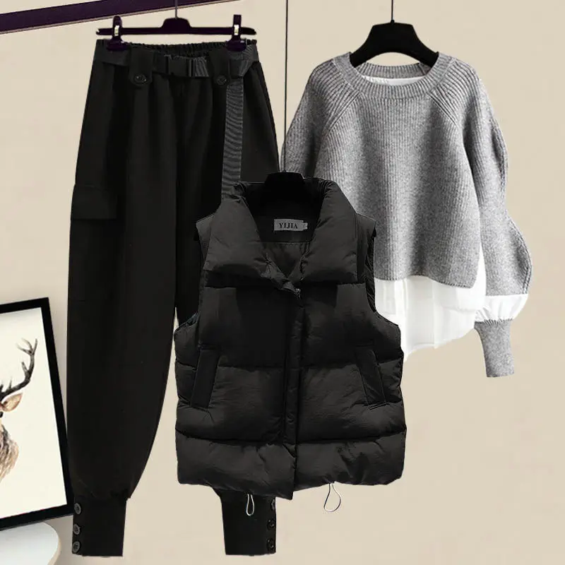 Oversized Women's Autumn and Winter Set 2023 New Style Wear Style Vest Shirt Slim Casual Pants Three Piece Set