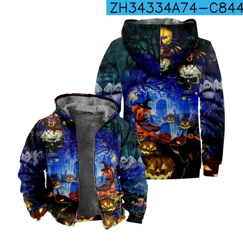 2023 New Halloween Cotton Coat Hooded Sweater Casual Print Long Sleeve Zipper Sweater Thick Cotton Coat Winter a02