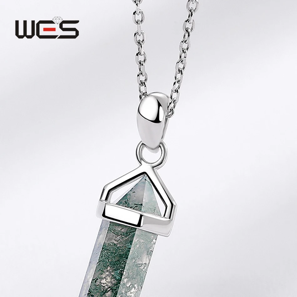 WES 925 Sterling Silver Bullet Shaped Pendant Necklace for Woman Natural Stone Moss Agate Hexagonal Prism Party Gifts