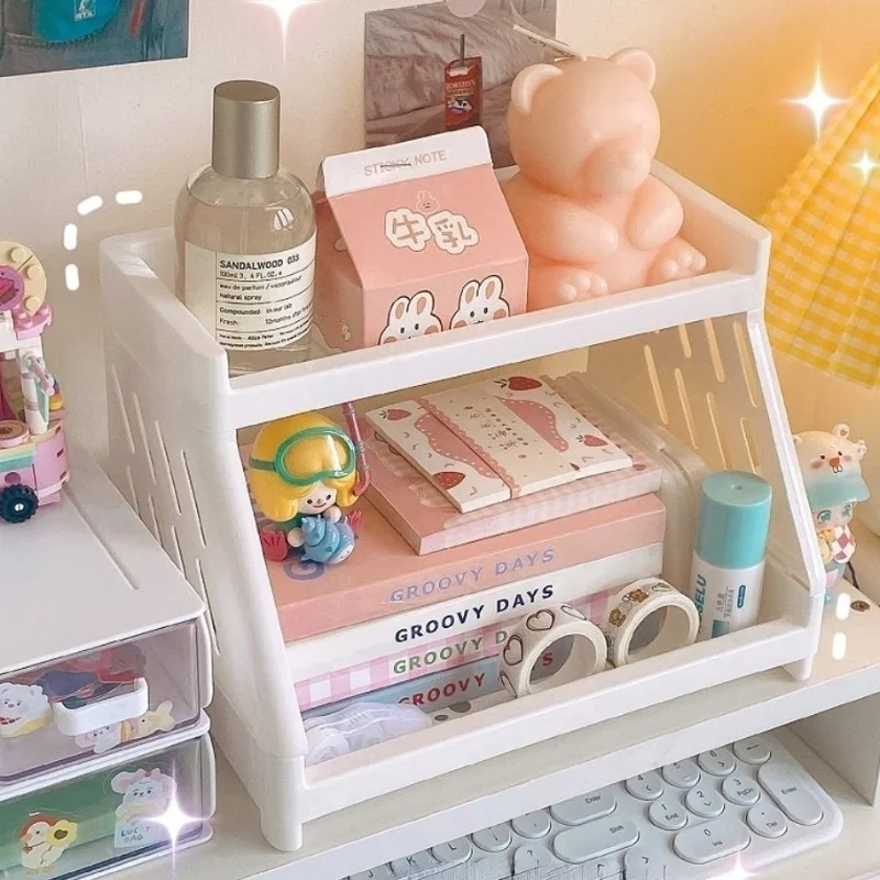 Kawaii Double Layers Desktop Storage Shelves Stationery Organizers Rack Large-capacity File Storage Tray Office Desk Accessories for desktop storage shelf stationery organizer document organizer desktop storage kit stationery storage box