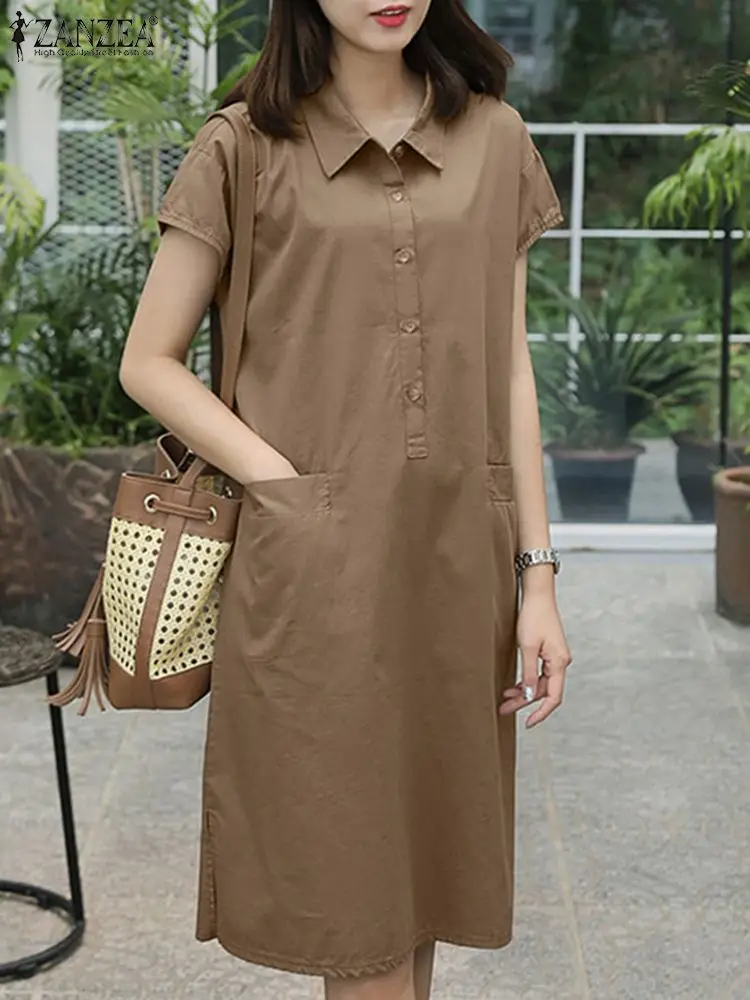

Платье ZANZEA женское с отложным воротником, Модный повседневный Однотонный сарафан с коротким рукавом, офисная одежда с карманами, уличная одежда, лето 2024