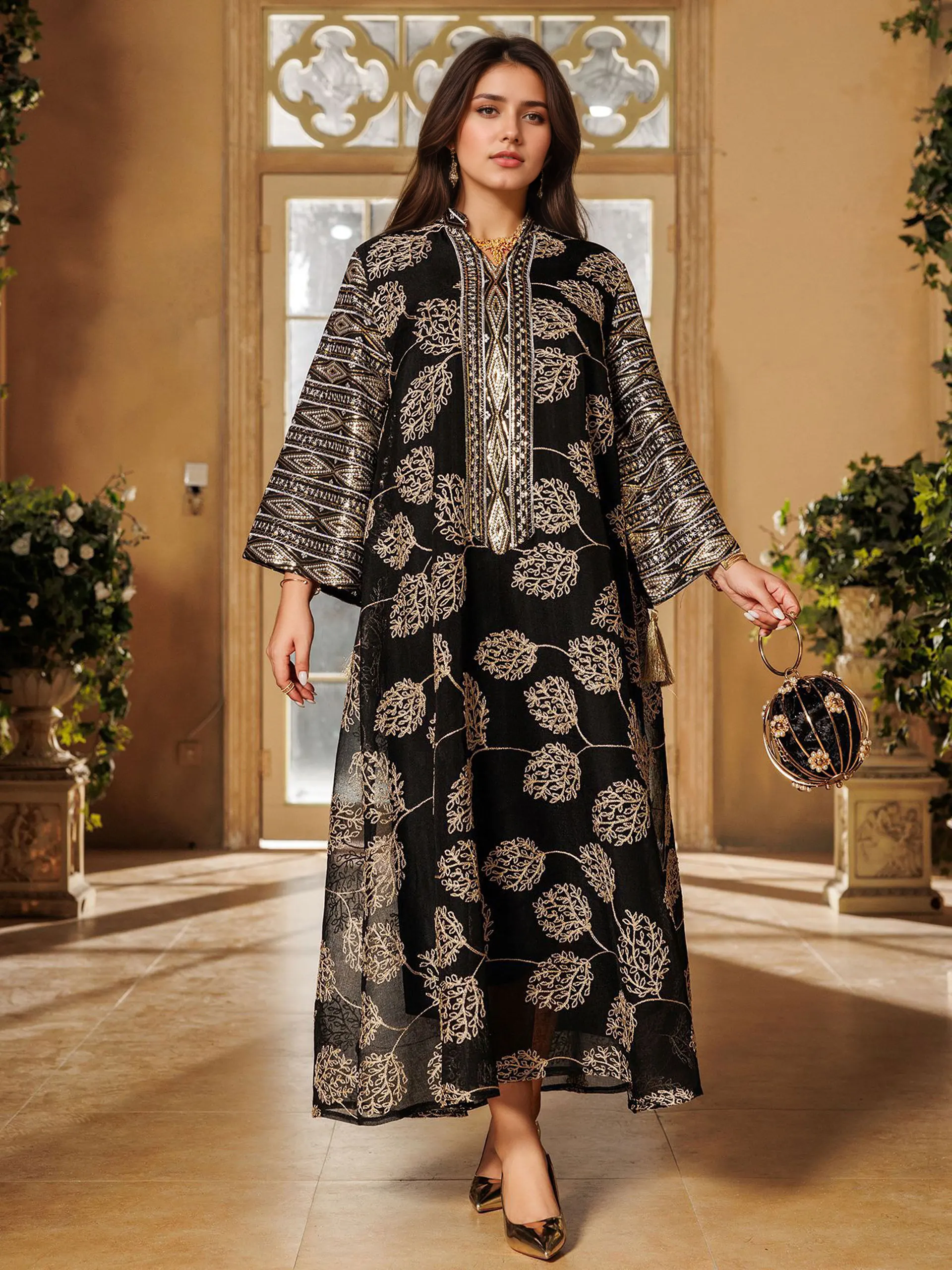 2025 Muslim Women's Black Islamic Embroidered Abaya with Gold Detailing Ideal for Formal Events in Middle East like UAE Saudi 2