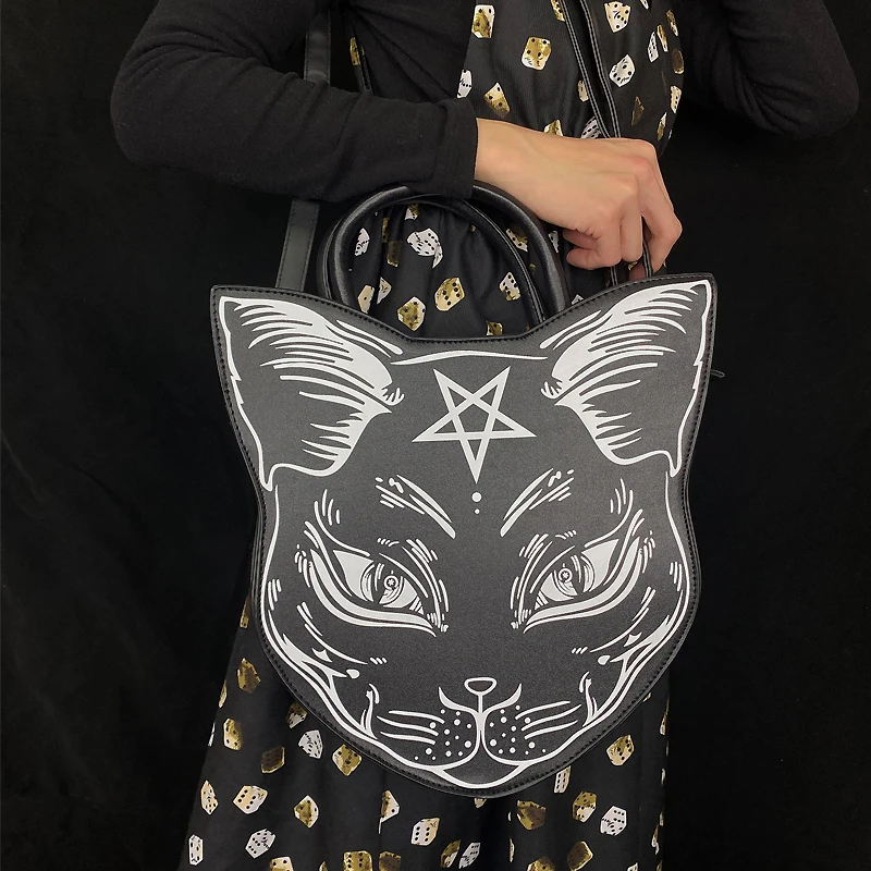 Gothic Pentacle Cat Purses and Handbags for Women Punk Harajuku Style Girls Shoulder Bag Black Top Handle Purse Fashion Totes