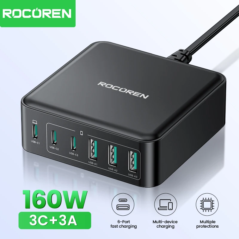 Rocoren 160W USB Type C Charger 6 Ports Portable Fast Charging Desktop Type-C Charger Power Station for iPhone 16 15 Pro Max Best Sellers In Phones Accessories