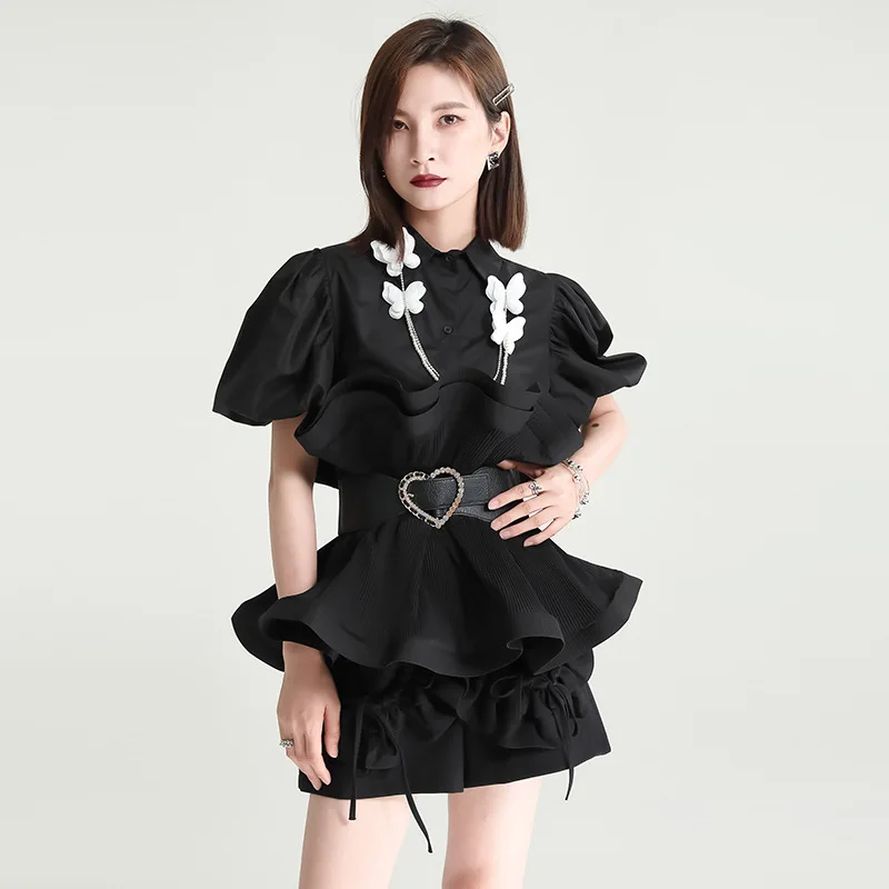 pleated lotus edge splicing short sleeve shirt women's summer three-dimensional petal corset waist bubble sleeve slim top