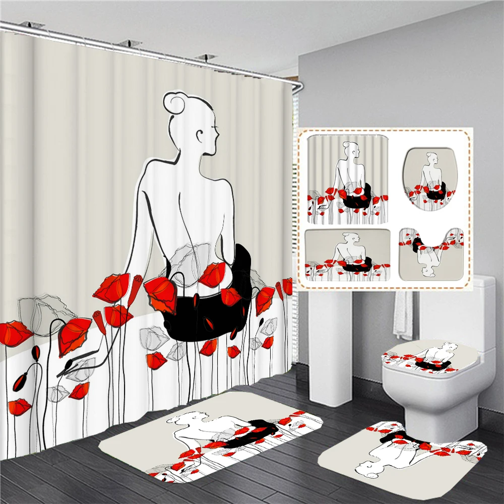 

Beautiful Flower Woman Printed Fabric Shower Curtain Set Durable Non-slip Carpet Bath Mat Flowers Bathroom Curtains Toilet Cover