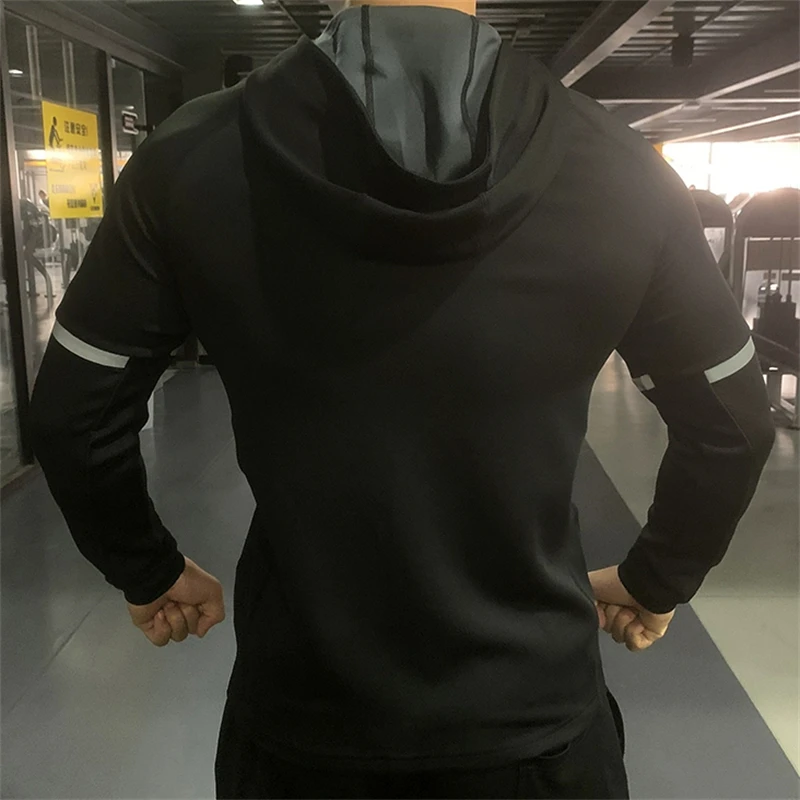 Men Autumn Sports Sweatshirts Zipper Hoodies Running Fitness Elastic Hoody Male Long Sleeve Jackets with Hood Thick Coats White