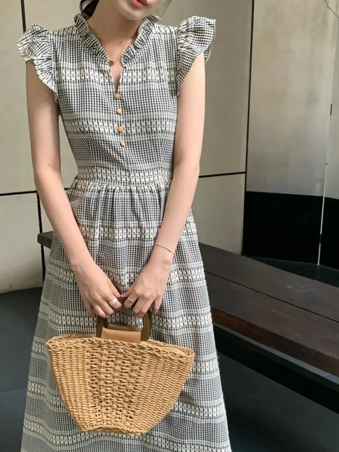 

Women's Summer Vintage Gingham Long Shirt Dress with Belt Flying Sleeve Female Slim Waist A-line Midi Sundress 2024