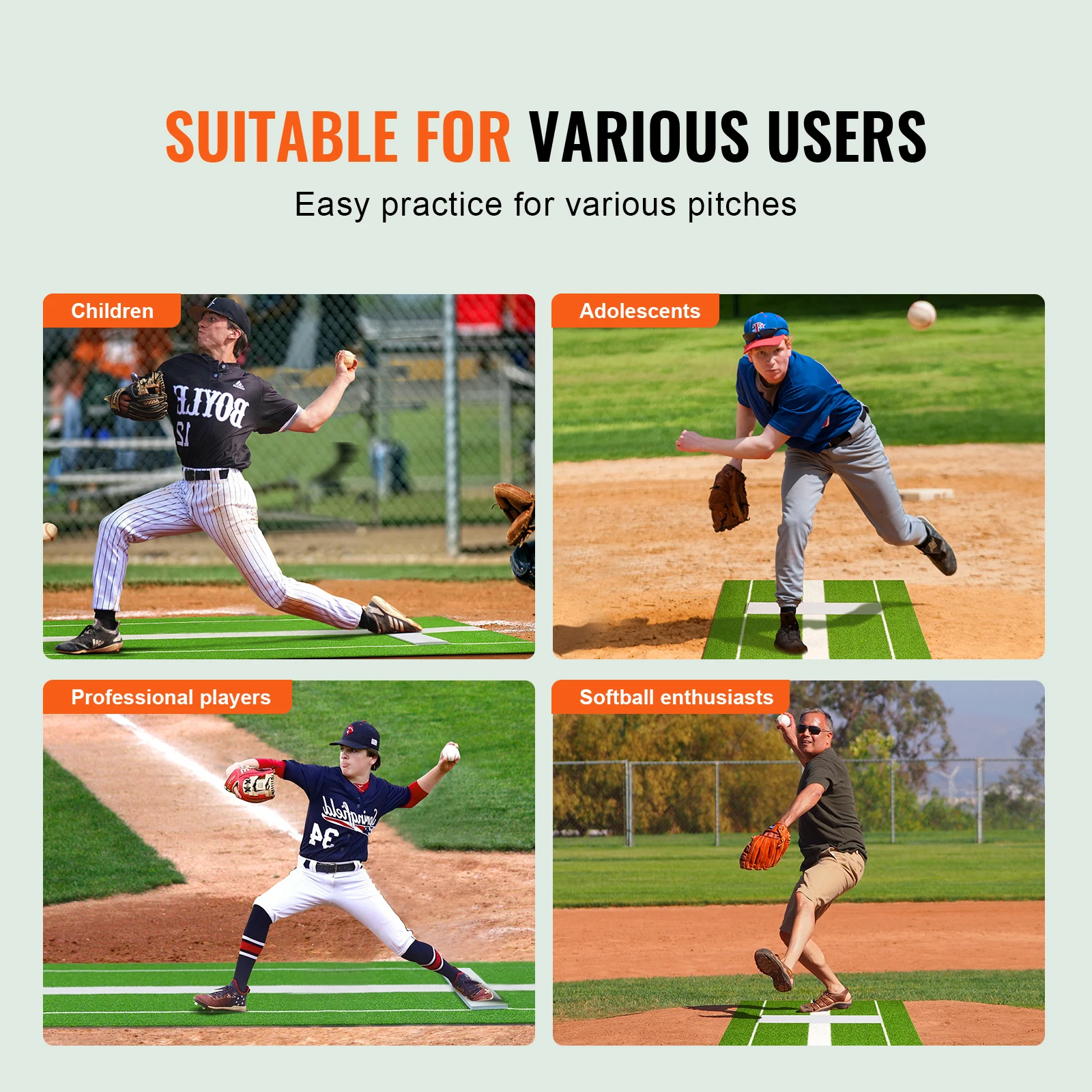 SucceBuy 10 x 3FT Softball Pitching Mat Softball Pitching Mound Antislip Antifade Rubber Softball Pitching Training  Mat  Green