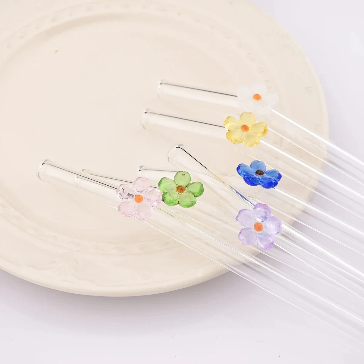 Flower Drinking Straw Set 6pcs High Borosilicate Glass Bent Straws Set with Brush Milk Shake Coffee Cocktail Straw Bar Drinkware