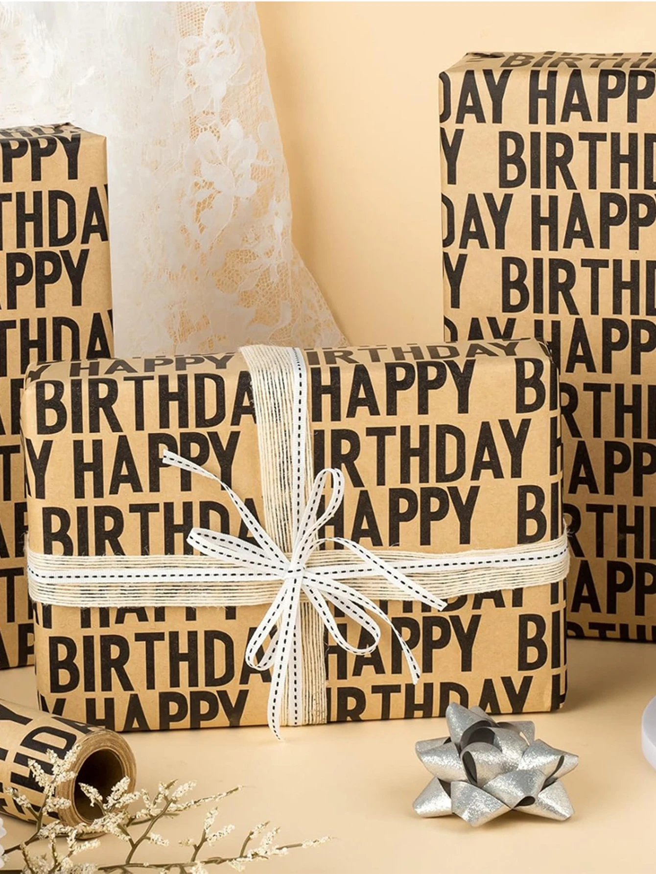 1 Rolle Happy Birthday Geschenkpapier, Vintage Gestreiftes Kraftpapier, Hochwertige DIY-Partydekoration, Neujahrsdekoration – Detail 6