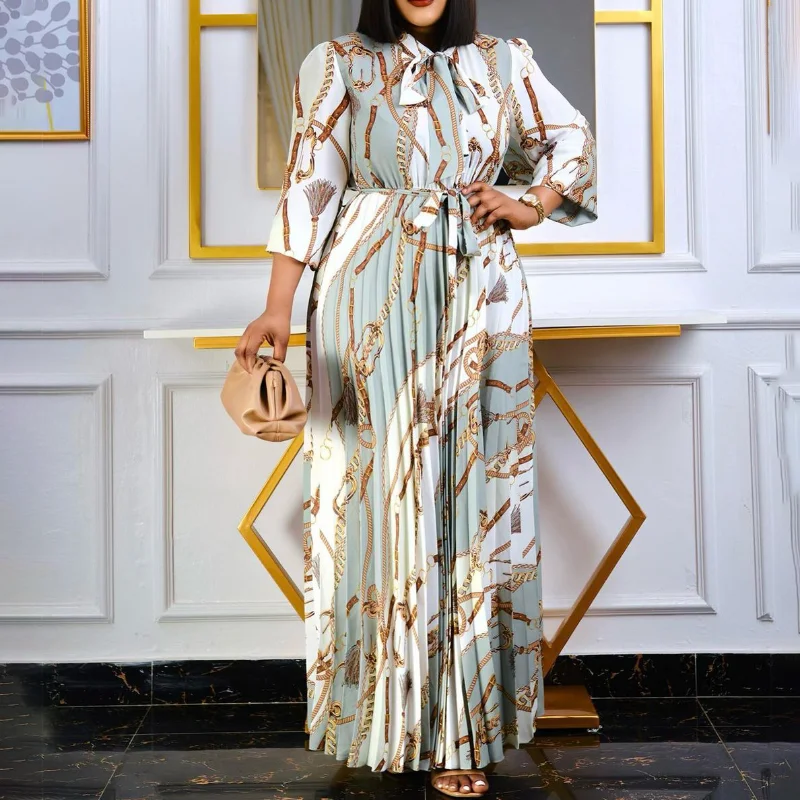 Women's Long Sleeve Muslim Abayat Printed Pleated Abaya with Waistband, Loose Women's Dress, Europe and America, New, 2022