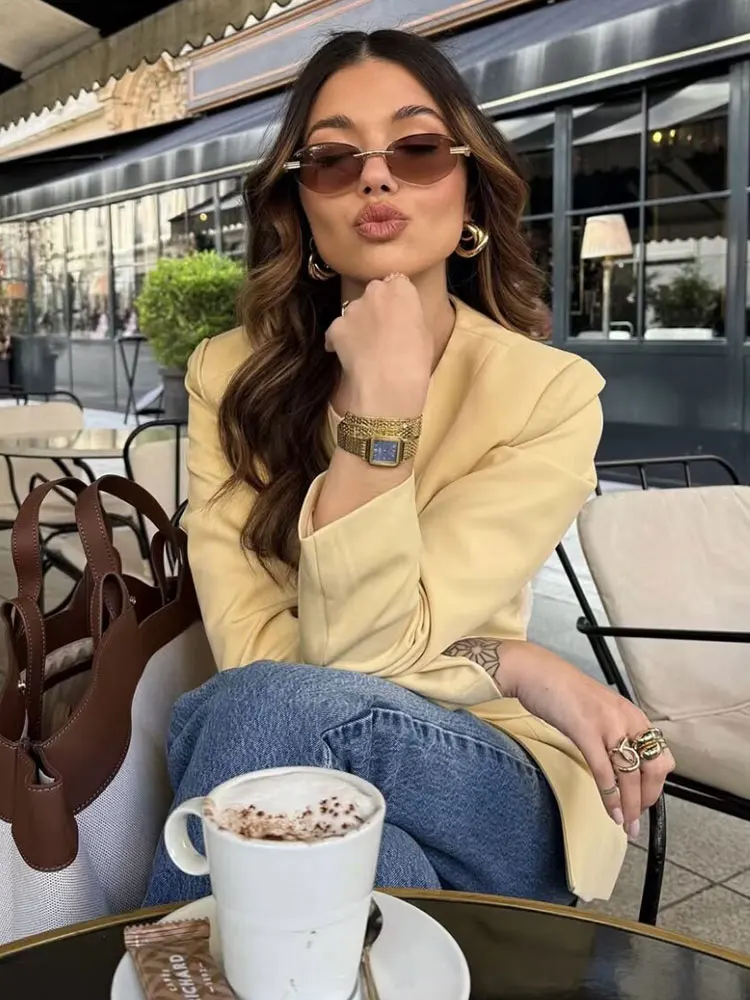 HH Women Elegant Yellow Blazer Coat O Neck Single Breasted Long Sleeve Jacket Autumn Solid Casual Office Lady Outerwear