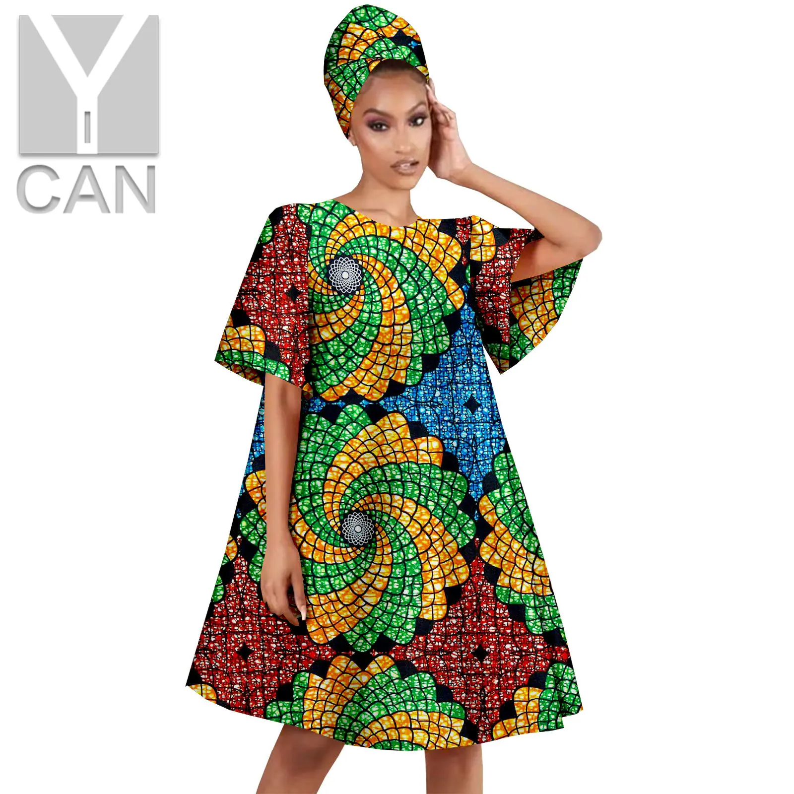 Dashiki Falda Larga Con Estampado Africano – 2 Piezas Con Pañuelo Para Cabeza, Cintura Elástica (Rosa)