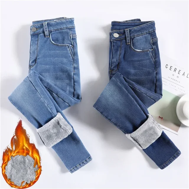 Jean thermique pour femme, pantalon crayon chaud et épais, extensible, mode coréenne, coupe cintrée, en velours et peluche, hiver 1
