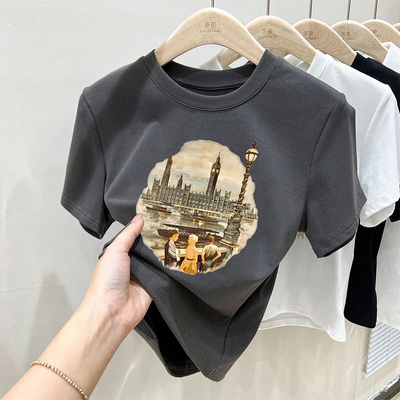 

Women's Short-Sleeved T-shirt Painted Cartoon Landscape Printing Basic ColorSummer Loose SlimmingTop Fashion Temperament Commute