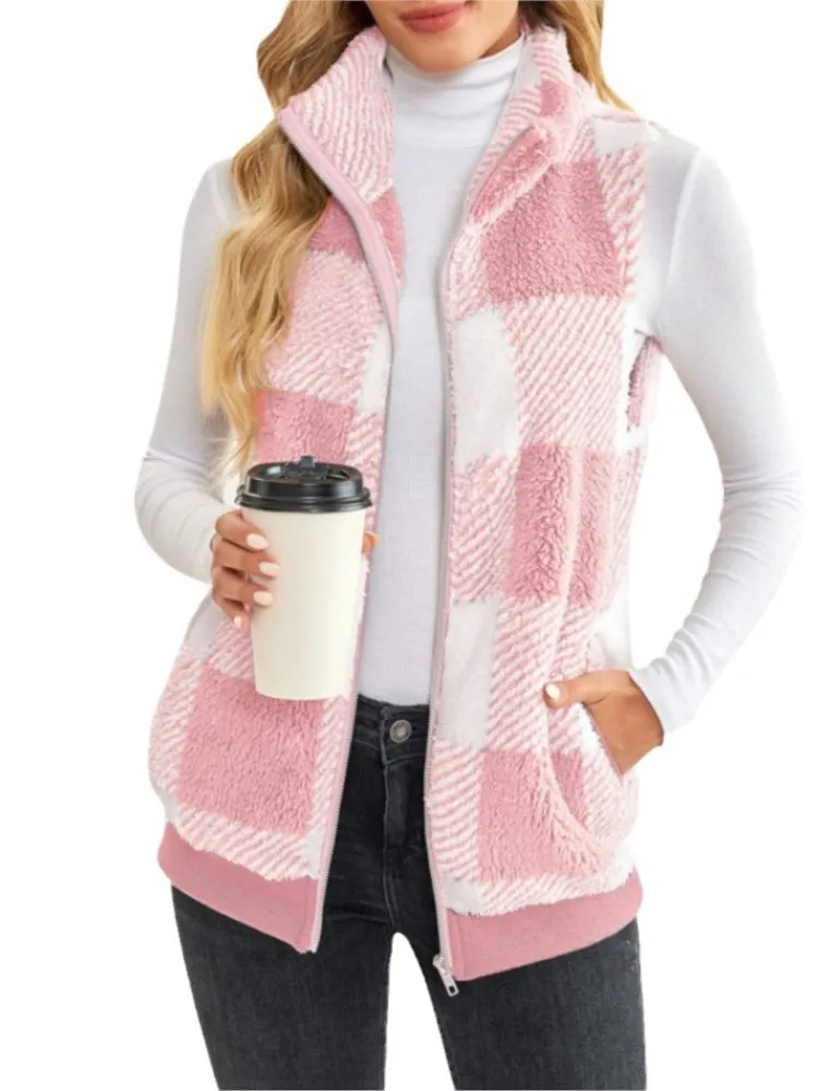 Autumn Winter Plaid Fleece Hoodie Vest Women's Cardigan Fashion Stand Collar Simple Casual Pocket Sleeveless Female Office Coat 6