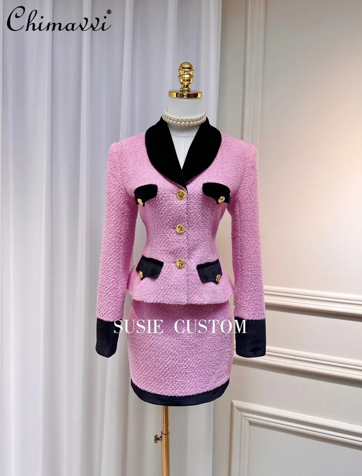 Spring New Commuter Suit Tweed Fashion Color Contrast Velvet Black V-neck Tight Waist Gold Buckle Coat High Waist Sheath Skirt