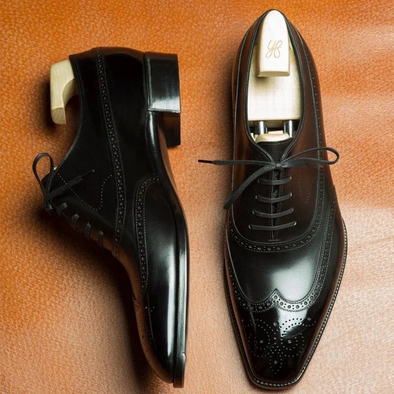 Black Brogue Shoes Lace-up Square Toe Spring Autumn Handmade