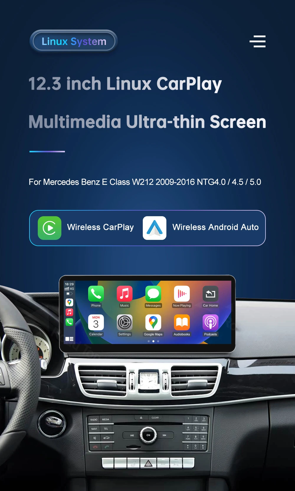 12,3-Zoll-Multimedia-Display für Benz E-Klasse W212 2012-2015 NTG4.5 LHD Touchscreen Wireless Carplay Navigation Android Auto – Detail 1