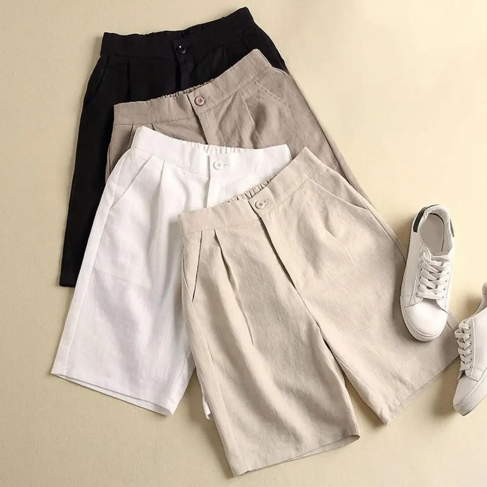

Khaki Solid Casual Linen Cotton Elastic High Waist Wide Leg Button Loose Women's Shorts Korean Fashion Summer Shorts Women 2024