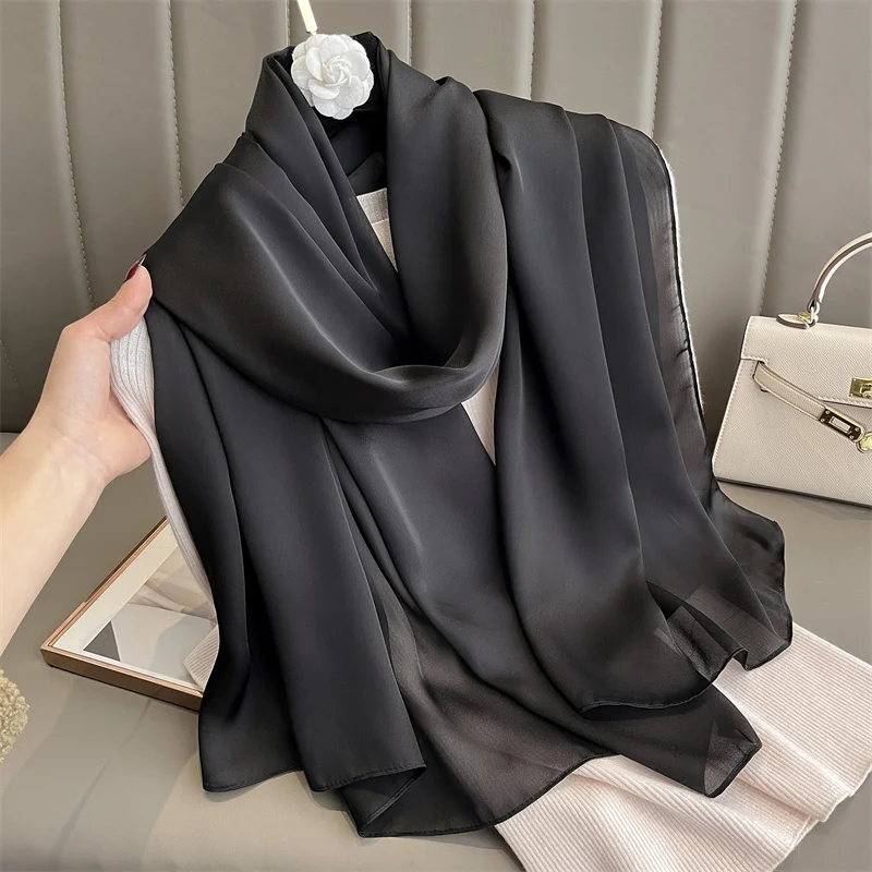 90*180cm Fashion Luxury Silk Scarf Women Solid Color Soft Smooth Scarves Head Wrap Hijab Outdoors Muffler Long Shawl Beach Towel 4