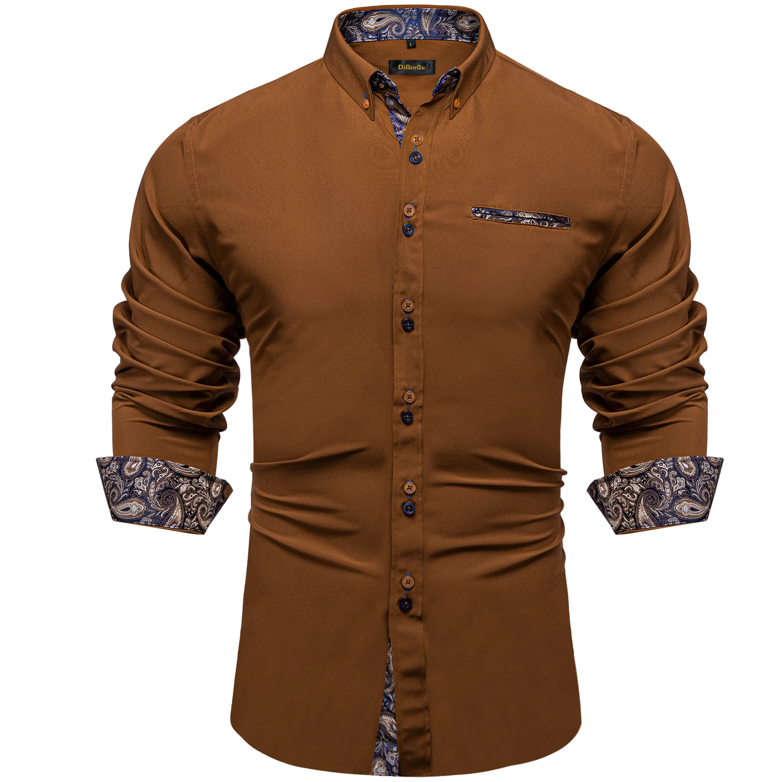 Brown Solid Casual Shirts For Men Blue Paisley Color Contrast Fashion Dress Shirt Luxury Designer Men Clothing