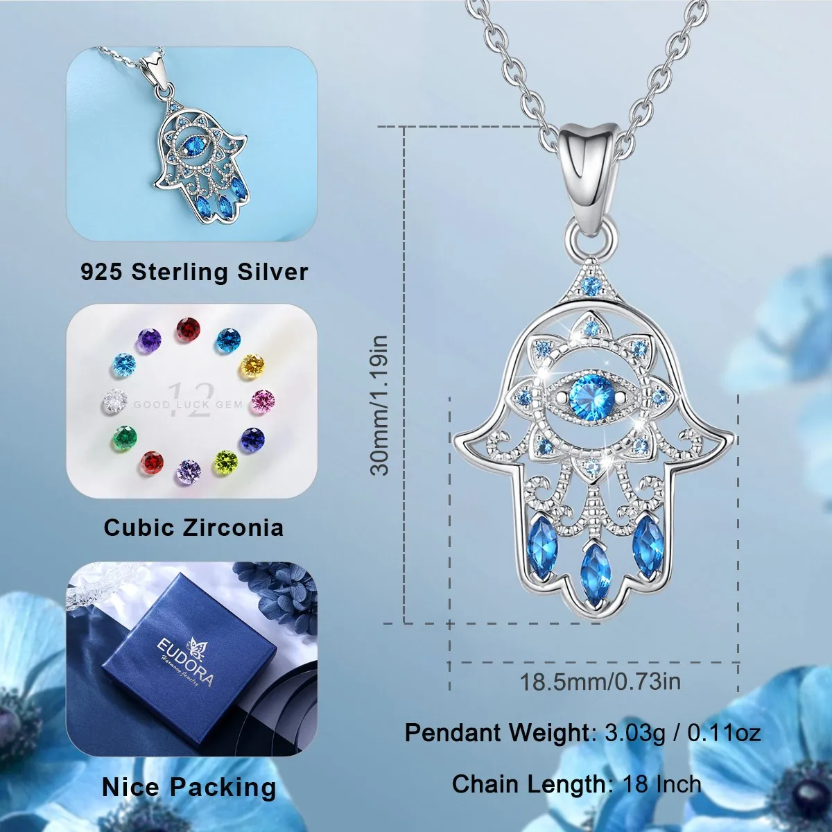 ROMANTICWORK Collana Hamsa Mano Di Fatima Con Occhio Di Malocchio - In Argento 925, Con Pietre Turchese, Onice, Pietra Di Luna, Idea Regalo - 4