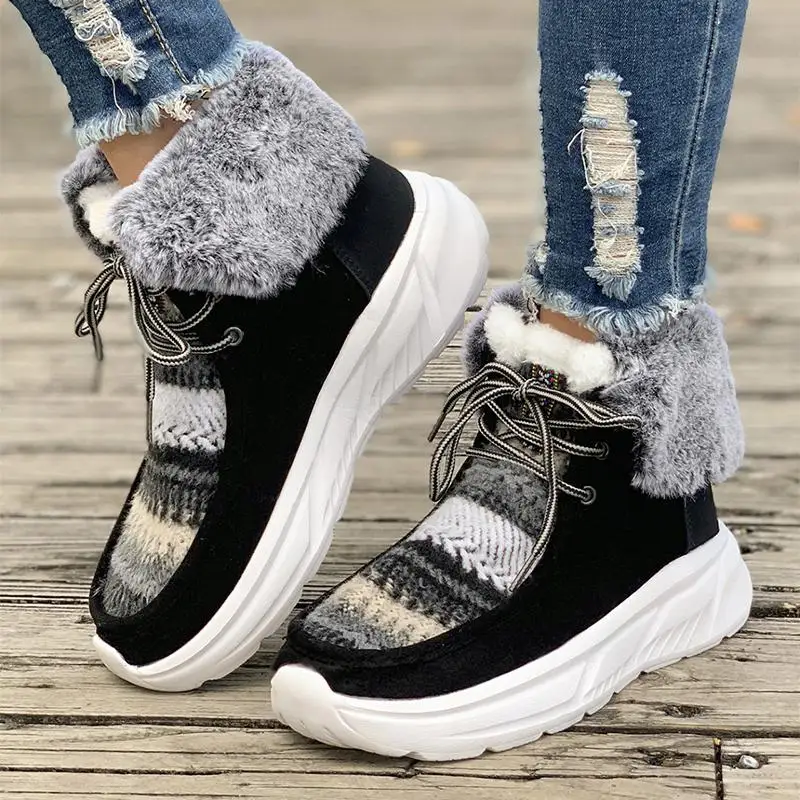 

2023 Lace-up Snow Boots Women's Fuzzy Mied-color Soft Sole Platform Thermal Lined Shoes Winter Non-slip Plush Boots Dropship