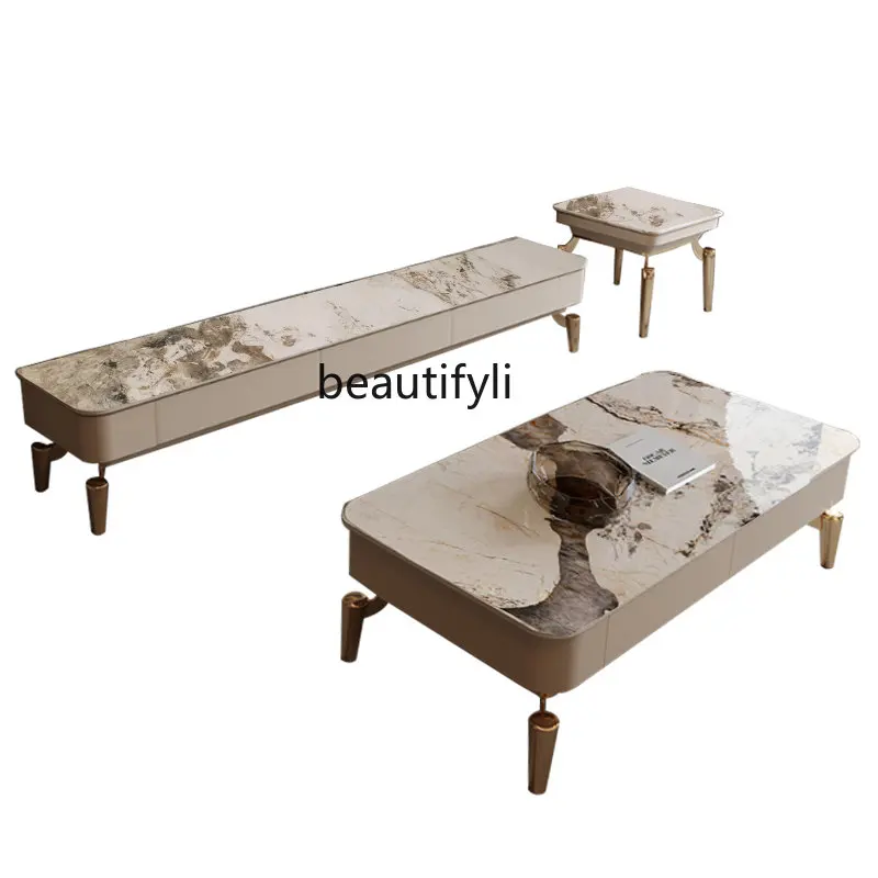 

zq Light Luxury Stone Plate TV Cabinet and Tea Table Combination French Living Room Furniture round Sideboard Cabinet