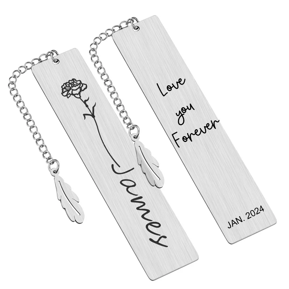 Personalized Birth Flower Bookmark With Name Text, Stainless Steel Customized Bar Birthday Gift For Women Daughter Sister Friend