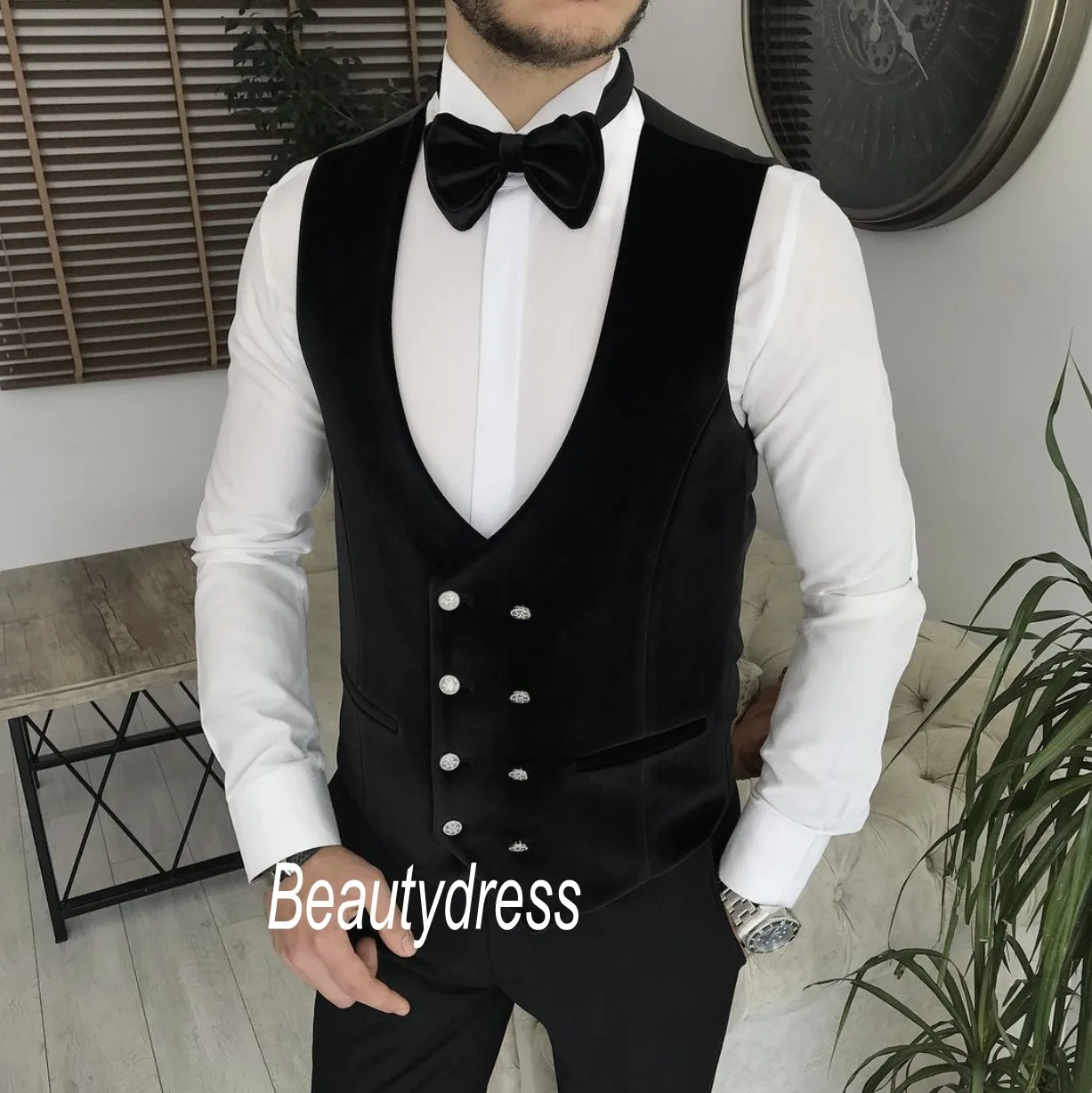 

Navy Blue Groom Velvet Vests For Wedding Tuxedos Party for Engagement Men Attire Groomsmen Waistcoat Dress Prom Business Dinner