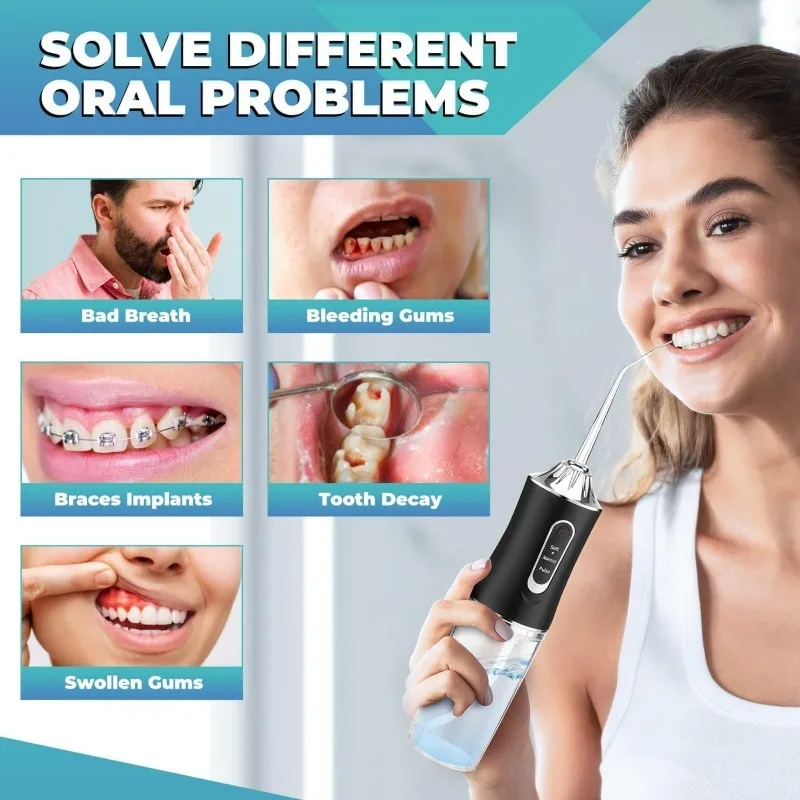 Dental Water Flosser Oral Irrigator Portable USB Rechargeable Dental Water Flosser 4 Jet Tip 220ml 3 Modes IPX7 Waterproof