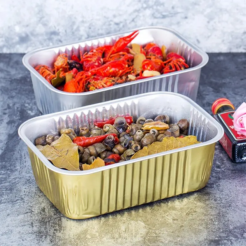 Aluminum Foil Cake Baking Boxes Thickened Gold Without Strap Disposable Rectangular Aluminum Foil Boxes(750ml)