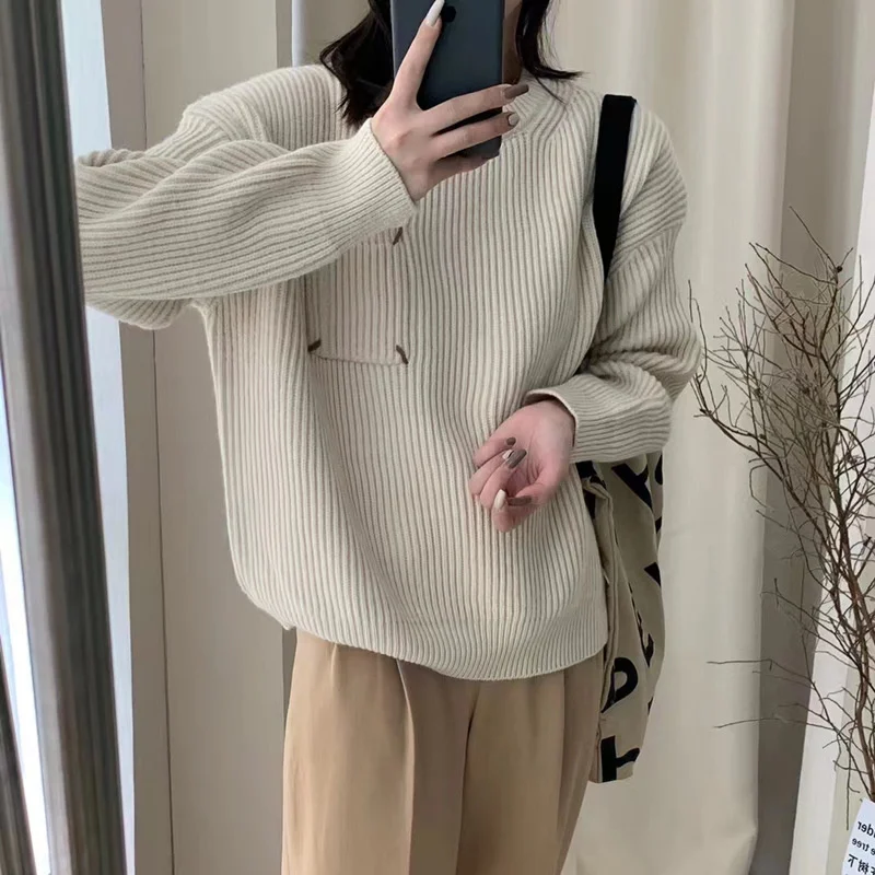 

Korean Pocket Embroidery Soft Pullover Sweater Women's 2022 Autumn And Winter New Loose Versatile Soft Waxy Knitwear Top QWI4