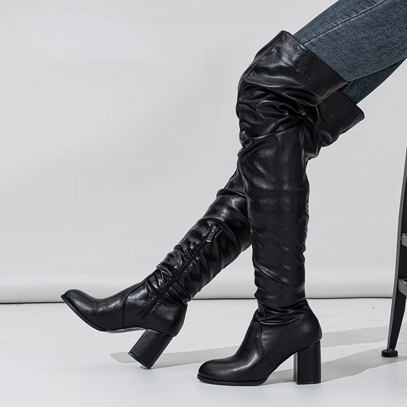 

New Leather PU Chunky Heel Boots Women 2023 Winter Over The Knee Boots Women Round Toe Platform Botas Thigh High Shoes for Women