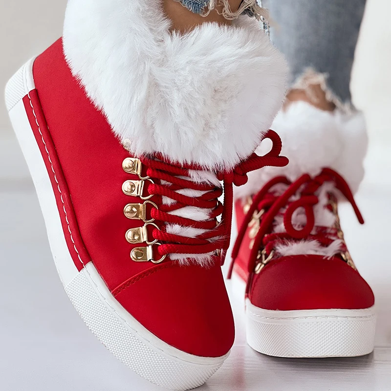 

Women Flat Lace-up Sneakers Ladies Long Plush Turned-over Edge Shoes Metal Decoration Warm Casual Winter Daily-wear Plus Size