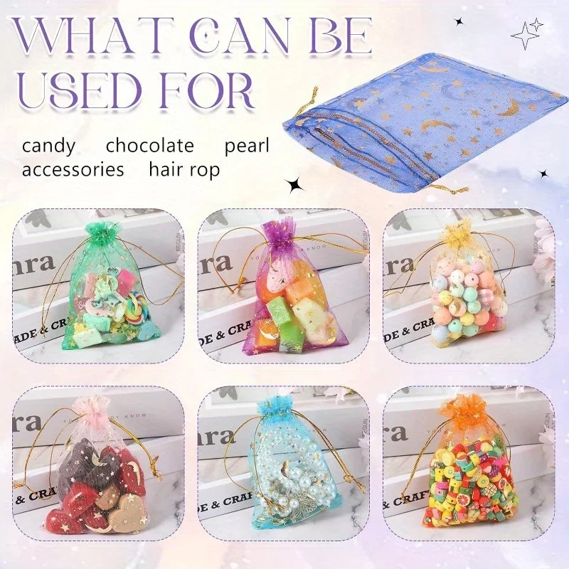 Organza Gift Bags 50PCS Moon Stars Drawstring Organza Jewelry Pouches Gold Star Favor Pouches for Christmas Wedding
