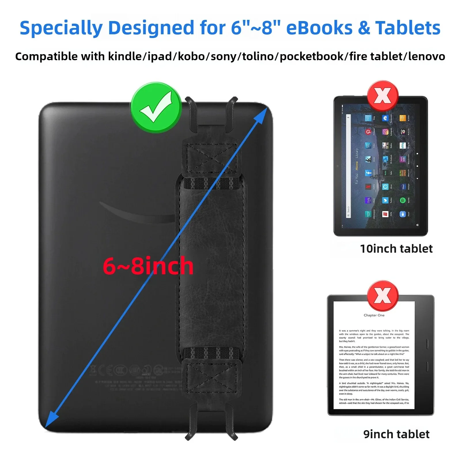 Enhanced eBook Storage Bag Case with Free Hand Strap, 6-Inch